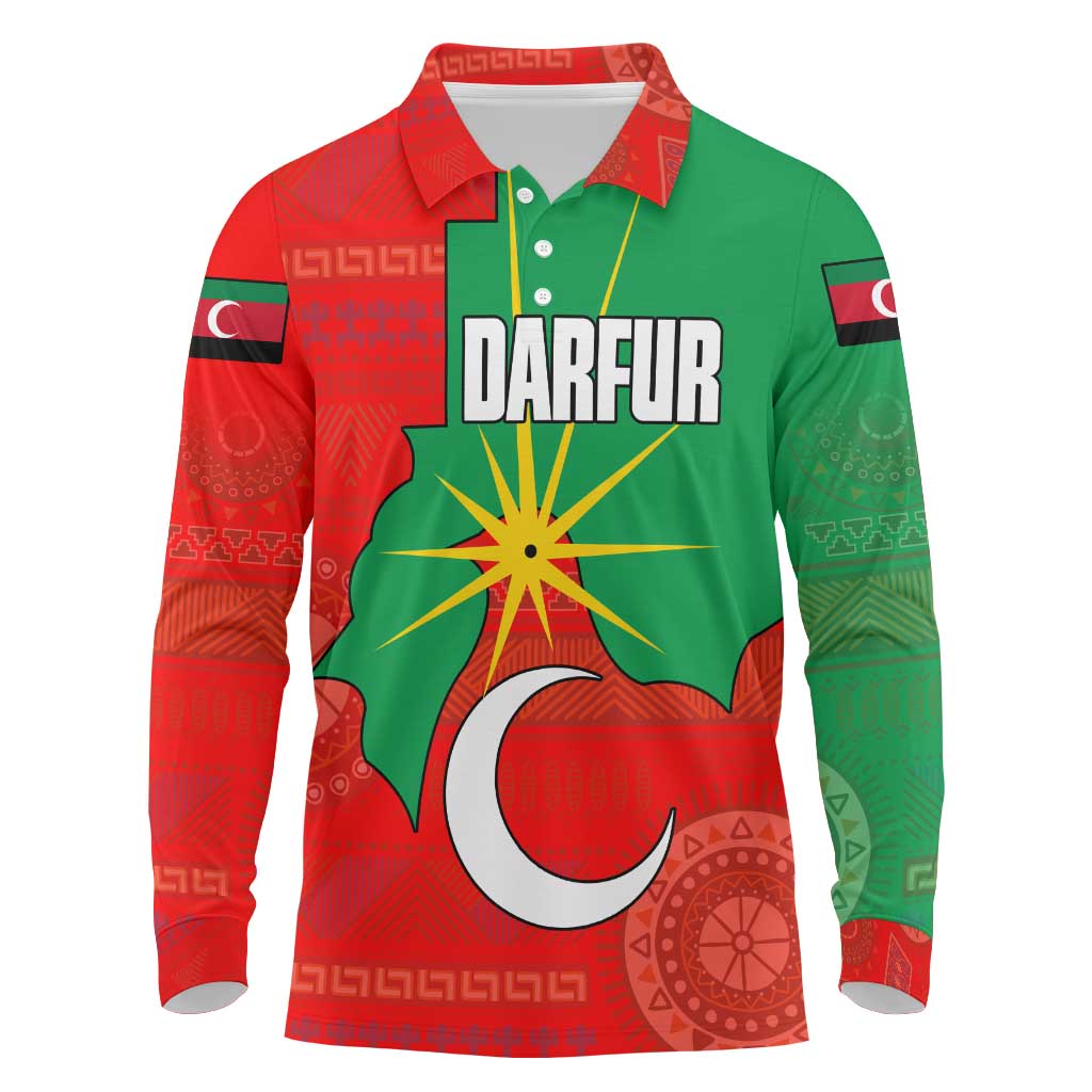 Darfur Sudan Long Sleeve Polo Shirt with Red Green Yellow Crescent Star - Wonder Print Shop