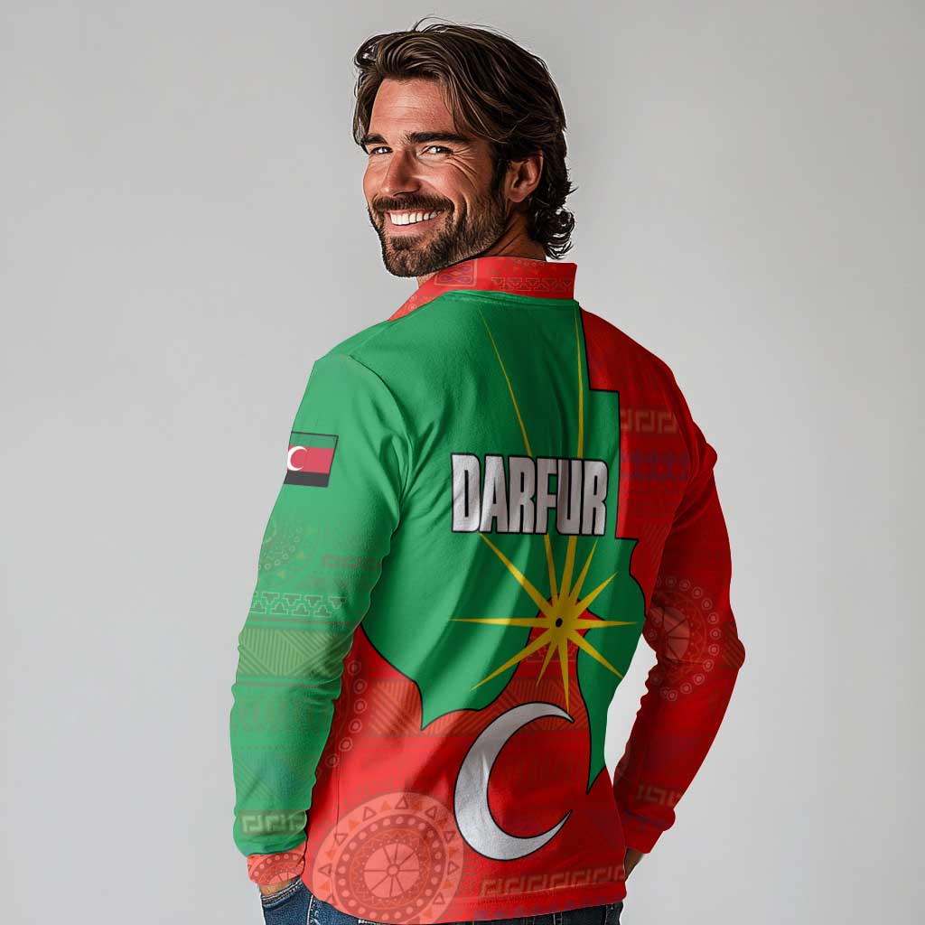 Darfur Sudan Long Sleeve Polo Shirt with Red Green Yellow Crescent Star - Wonder Print Shop