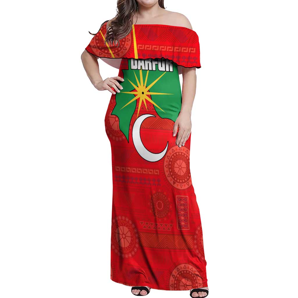 Darfur Sudan Off Shoulder Maxi Dress with Red Green Yellow Crescent Star - Wonder Print Shop