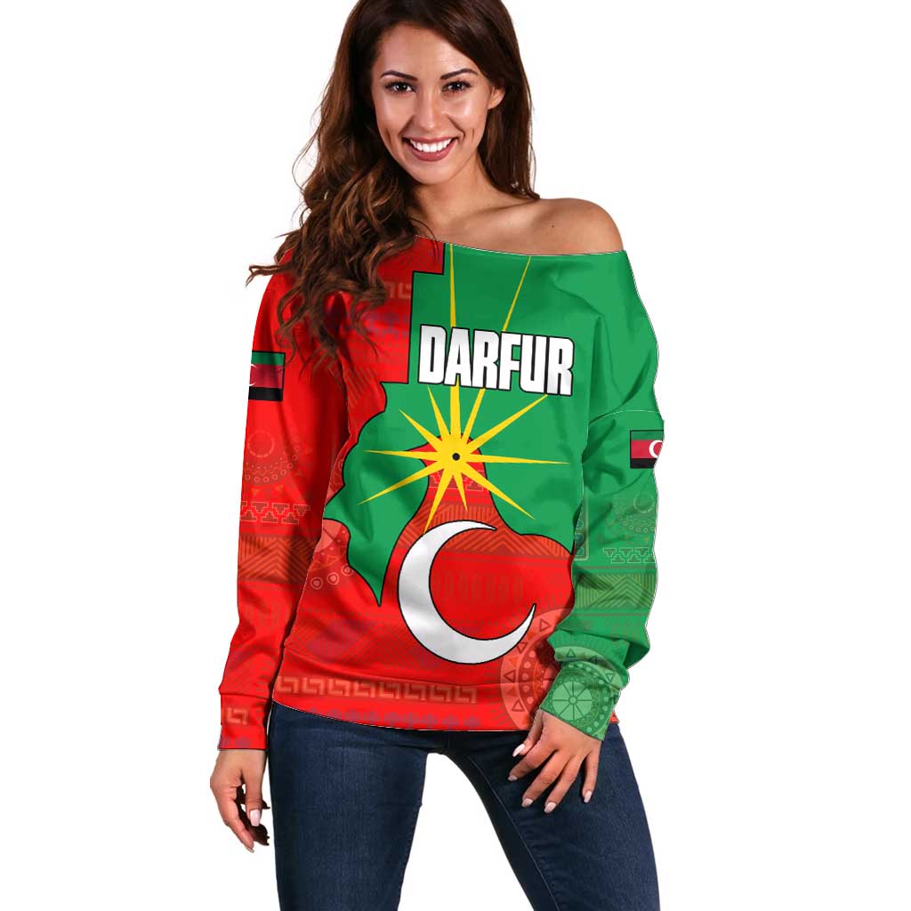 Darfur Sudan Off Shoulder Sweater with Red Green Yellow Crescent Star - Wonder Print Shop