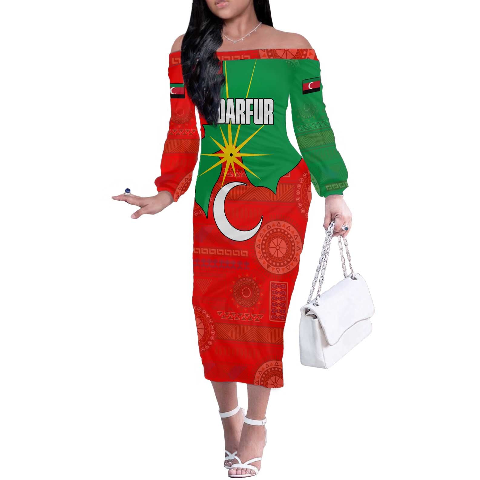 Darfur Sudan Off The Shoulder Long Sleeve Dress with Red Green Yellow Crescent Star - Wonder Print Shop