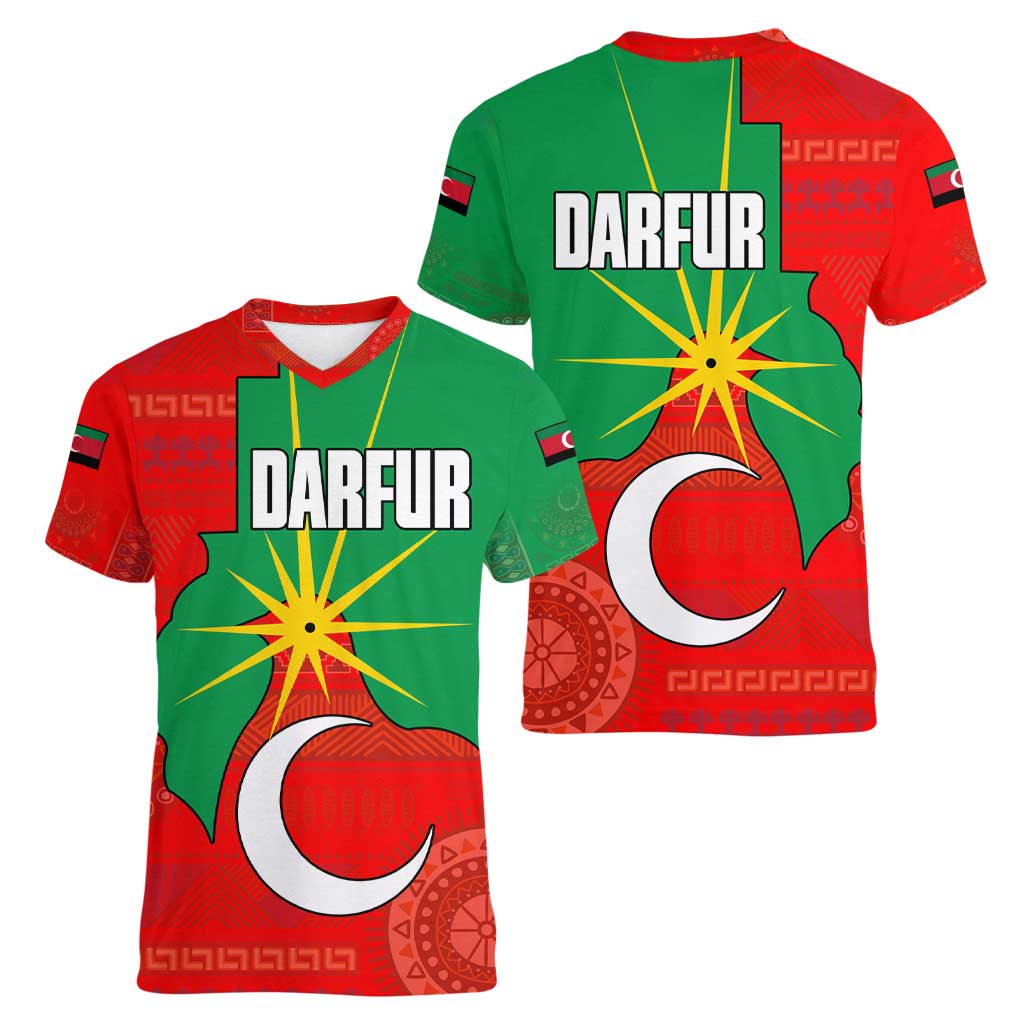 Darfur Sudan Women V-Neck T-Shirt with Red Green Yellow Crescent Star - Wonder Print Shop