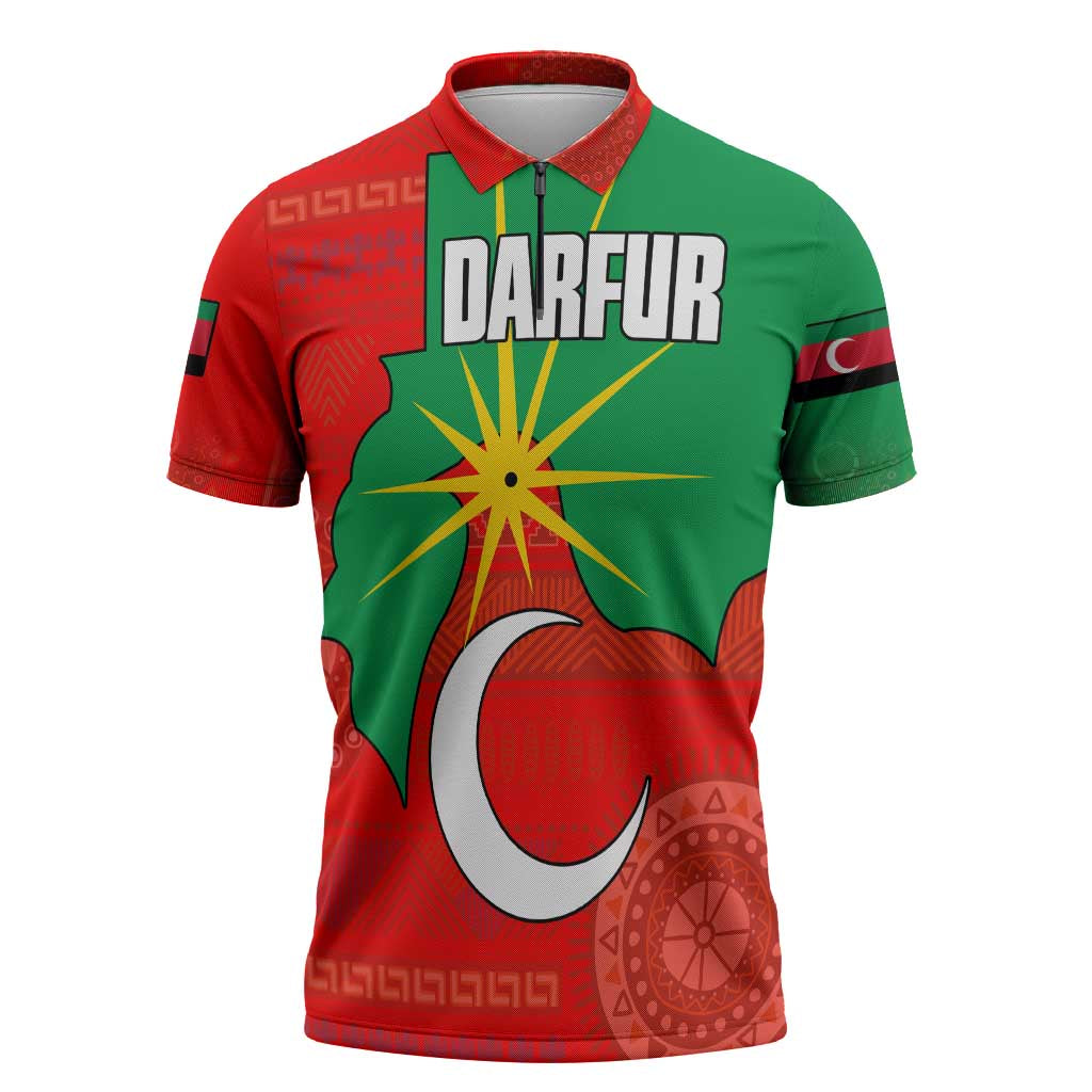 Darfur Sudan Zipper Polo Shirt with Red Green Yellow Crescent Star - Wonder Print Shop