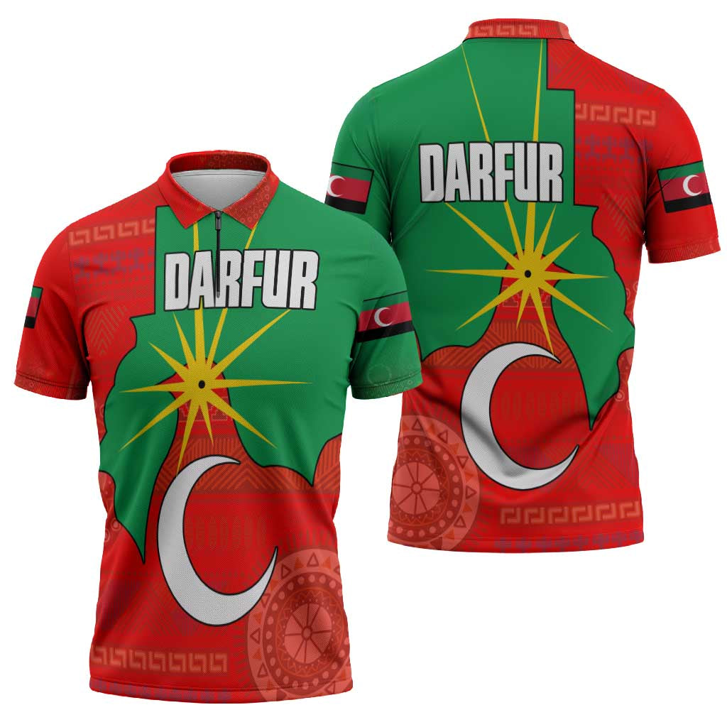 Darfur Sudan Zipper Polo Shirt with Red Green Yellow Crescent Star - Wonder Print Shop