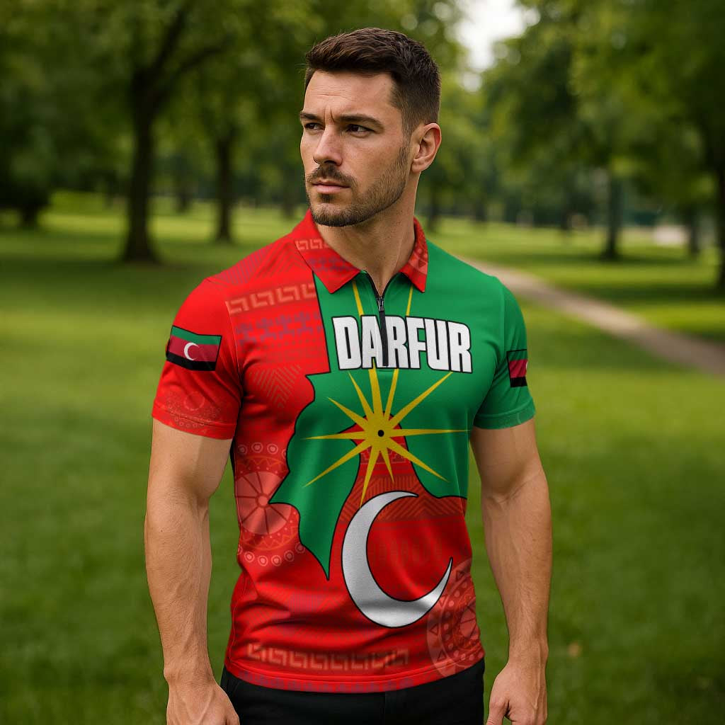 Darfur Sudan Zipper Polo Shirt with Red Green Yellow Crescent Star - Wonder Print Shop