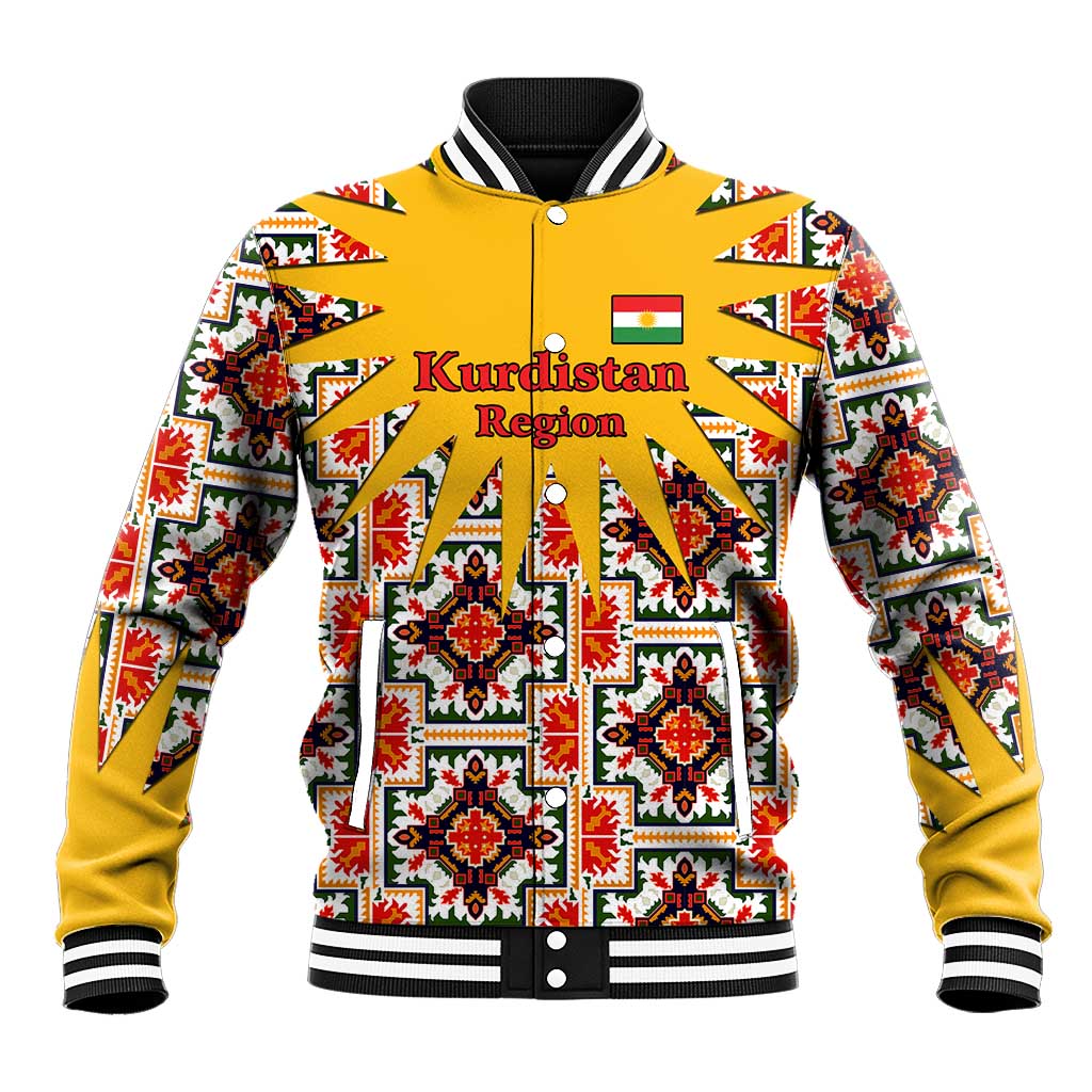 Iraq Kurdistan Region Baseball Jacket Traditional Pattern Yellow Red Green - Wonder Print Shop