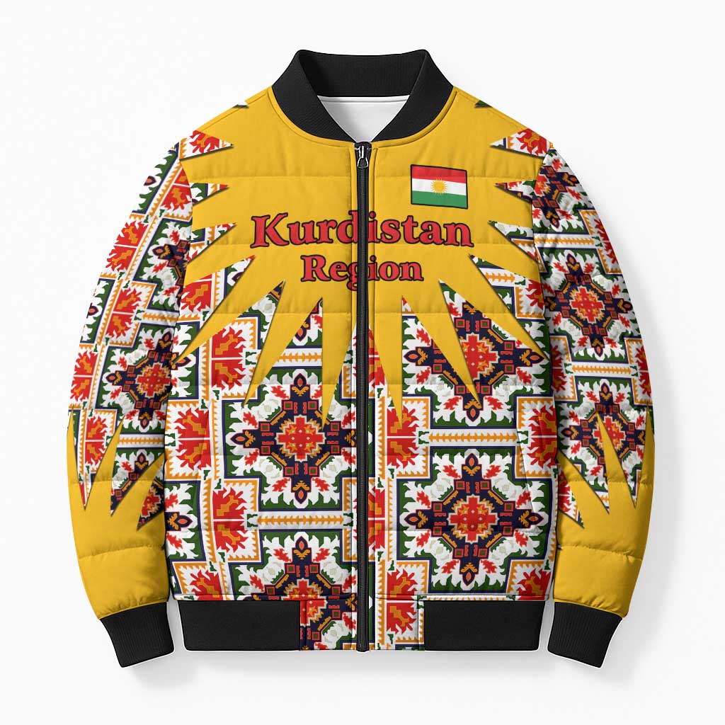 Iraq Kurdistan Region Bomber Puffer Jacket Traditional Pattern Yellow Red Green - Wonder Print Shop
