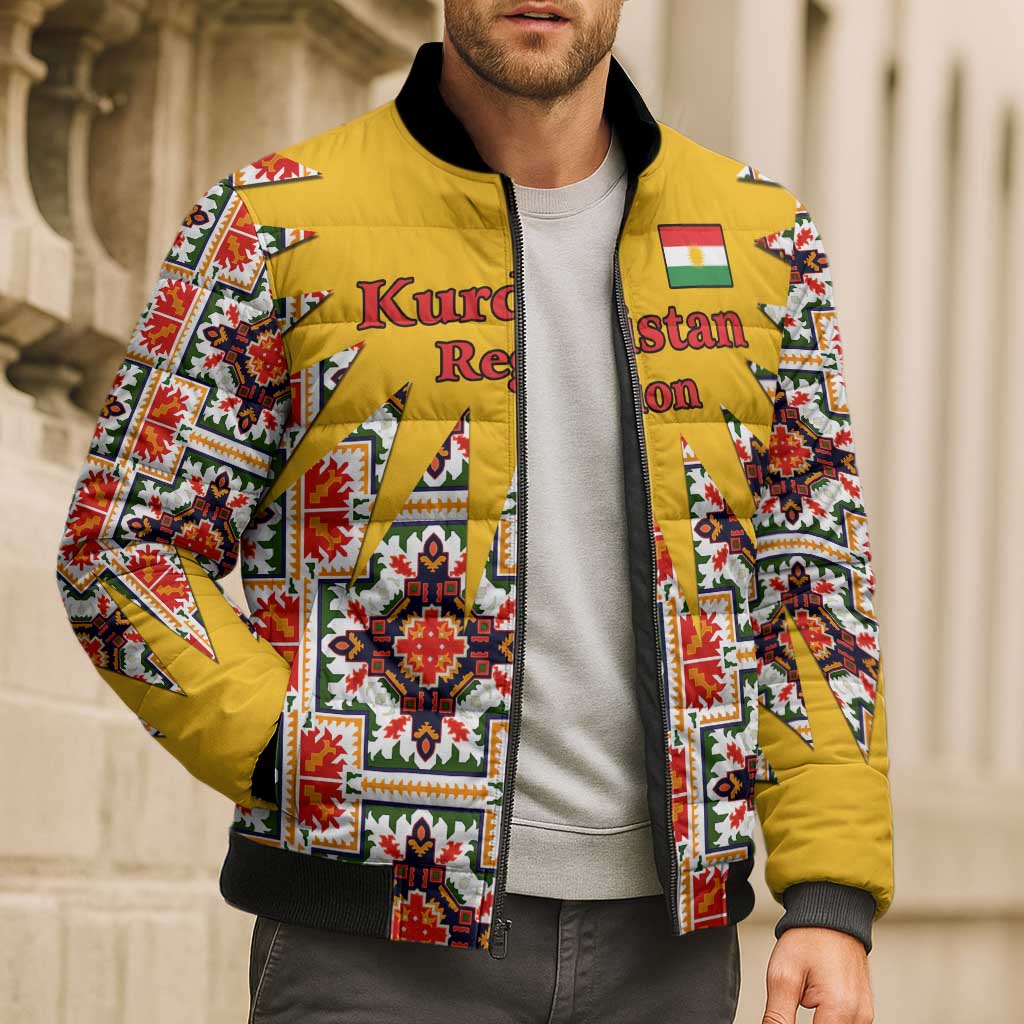 Iraq Kurdistan Region Bomber Puffer Jacket Traditional Pattern Yellow Red Green - Wonder Print Shop