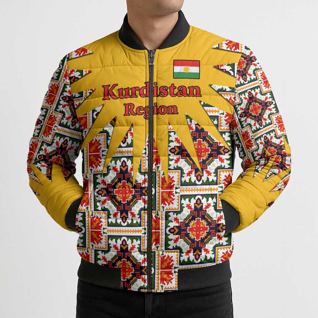 Iraq Kurdistan Region Bomber Puffer Jacket Traditional Pattern Yellow Red Green - Wonder Print Shop