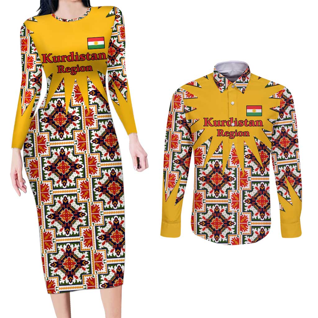 Iraq Kurdistan Region Couples Matching Long Sleeve Bodycon Dress and Long Sleeve Button Shirt Traditional Pattern Yellow Red Green - Wonder Print Shop
