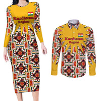 Iraq Kurdistan Region Couples Matching Long Sleeve Bodycon Dress and Long Sleeve Button Shirt Traditional Pattern Yellow Red Green - Wonder Print Shop