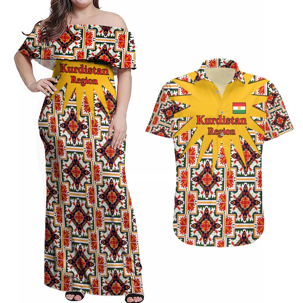 Iraq Kurdistan Region Couples Matching Off Shoulder Maxi Dress and Hawaiian Shirt Traditional Pattern Yellow Red Green - Wonder Print Shop