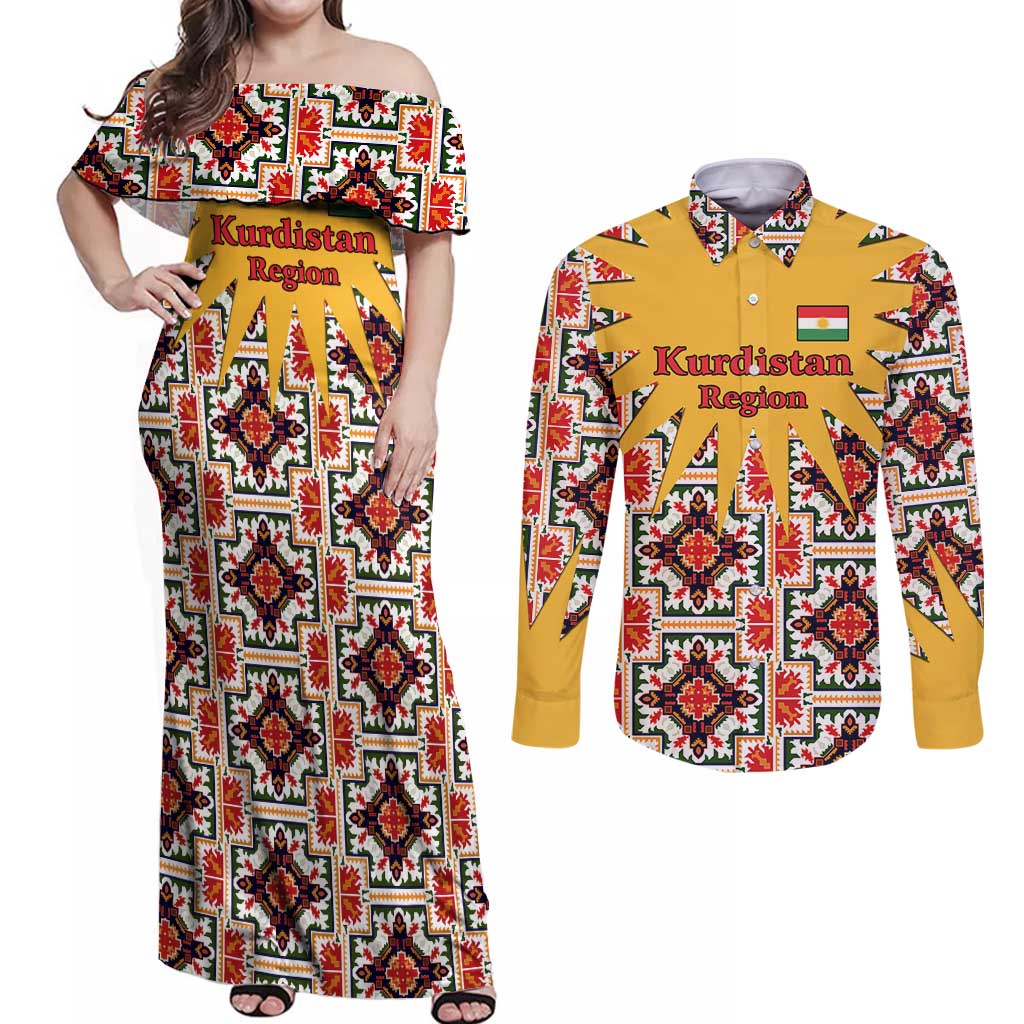 Iraq Kurdistan Region Couples Matching Off Shoulder Maxi Dress and Long Sleeve Button Shirt Traditional Pattern Yellow Red Green - Wonder Print Shop