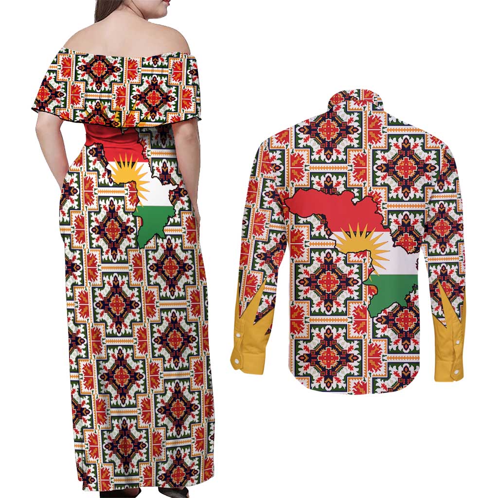 Iraq Kurdistan Region Couples Matching Off Shoulder Maxi Dress and Long Sleeve Button Shirt Traditional Pattern Yellow Red Green - Wonder Print Shop