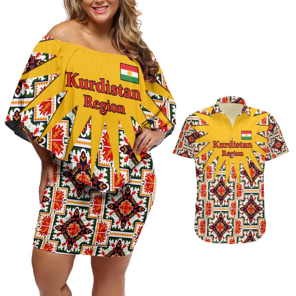 Iraq Kurdistan Region Couples Matching Off Shoulder Short Dress and Hawaiian Shirt Traditional Pattern Yellow Red Green - Wonder Print Shop