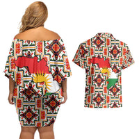 Iraq Kurdistan Region Couples Matching Off Shoulder Short Dress and Hawaiian Shirt Traditional Pattern Yellow Red Green - Wonder Print Shop