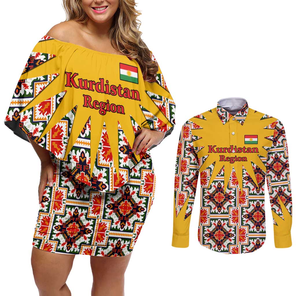 Iraq Kurdistan Region Couples Matching Off Shoulder Short Dress and Long Sleeve Button Shirt Traditional Pattern Yellow Red Green - Wonder Print Shop