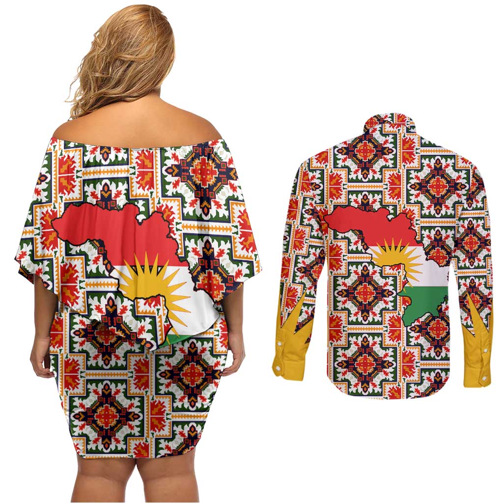 Iraq Kurdistan Region Couples Matching Off Shoulder Short Dress and Long Sleeve Button Shirt Traditional Pattern Yellow Red Green - Wonder Print Shop