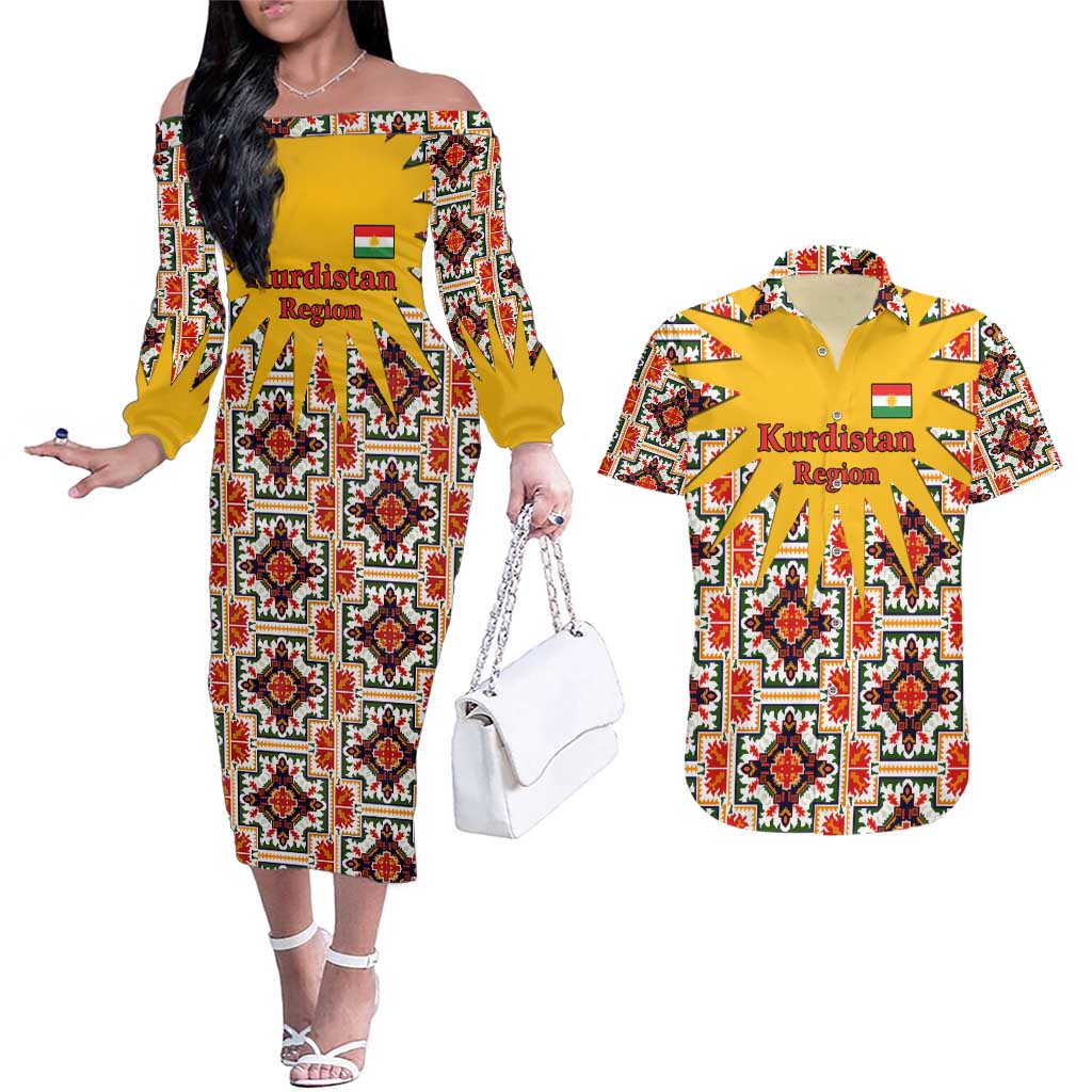 Iraq Kurdistan Region Couples Matching Off The Shoulder Long Sleeve Dress and Hawaiian Shirt Traditional Pattern Yellow Red Green - Wonder Print Shop
