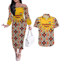 Iraq Kurdistan Region Couples Matching Off The Shoulder Long Sleeve Dress and Hawaiian Shirt Traditional Pattern Yellow Red Green - Wonder Print Shop