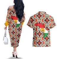 Iraq Kurdistan Region Couples Matching Off The Shoulder Long Sleeve Dress and Hawaiian Shirt Traditional Pattern Yellow Red Green - Wonder Print Shop