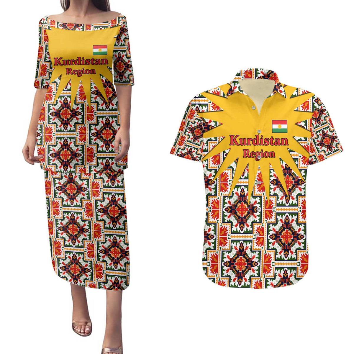 Iraq Kurdistan Region Couples Matching Puletasi and Hawaiian Shirt Traditional Pattern Yellow Red Green - Wonder Print Shop