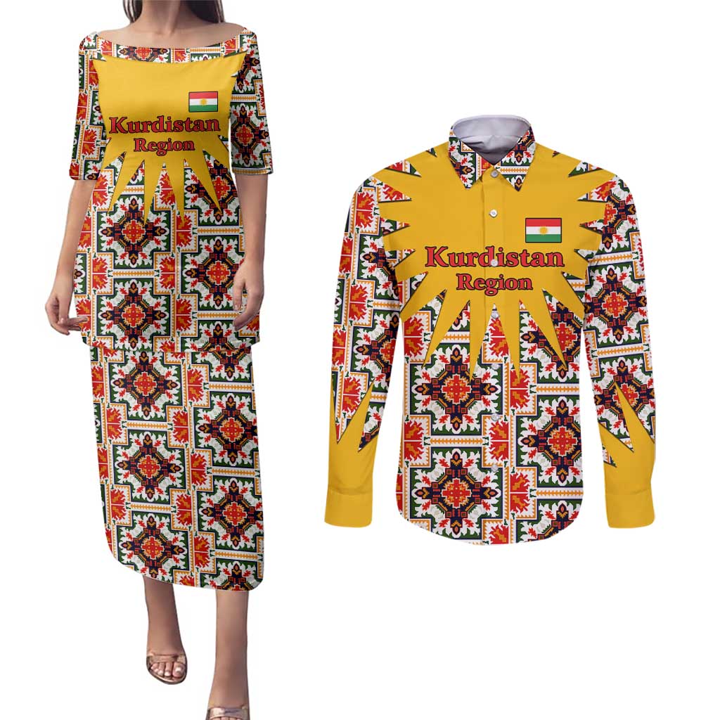 Iraq Kurdistan Region Couples Matching Puletasi and Long Sleeve Button Shirt Traditional Pattern Yellow Red Green - Wonder Print Shop