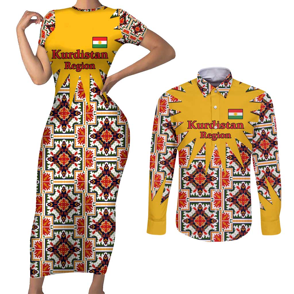 Iraq Kurdistan Region Couples Matching Short Sleeve Bodycon Dress and Long Sleeve Button Shirt Traditional Pattern Yellow Red Green - Wonder Print Shop