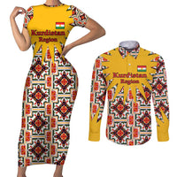Iraq Kurdistan Region Couples Matching Short Sleeve Bodycon Dress and Long Sleeve Button Shirt Traditional Pattern Yellow Red Green - Wonder Print Shop