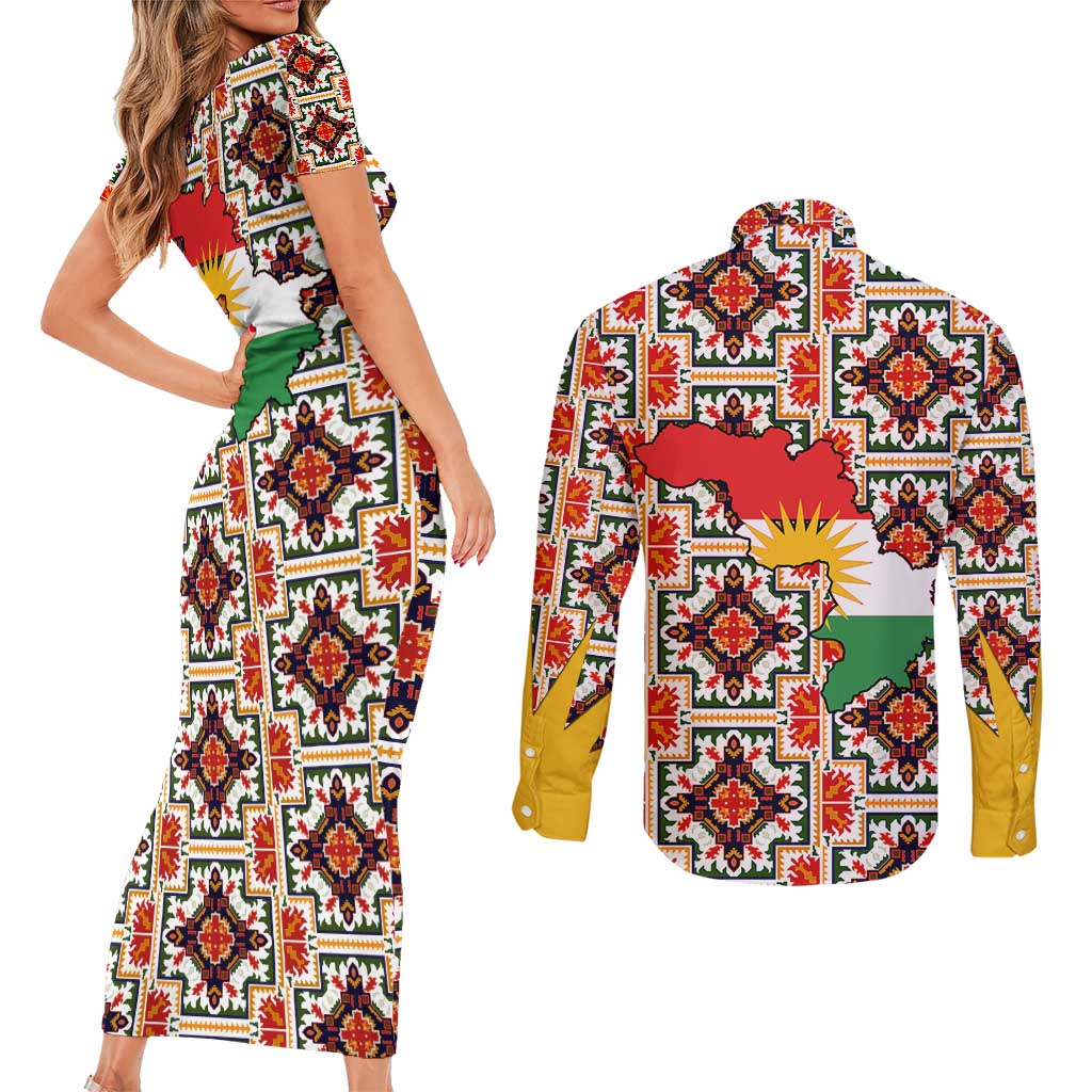 Iraq Kurdistan Region Couples Matching Short Sleeve Bodycon Dress and Long Sleeve Button Shirt Traditional Pattern Yellow Red Green - Wonder Print Shop