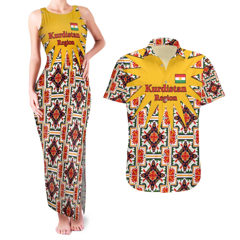 Iraq Kurdistan Region Couples Matching Tank Maxi Dress and Hawaiian Shirt Traditional Pattern Yellow Red Green - Wonder Print Shop