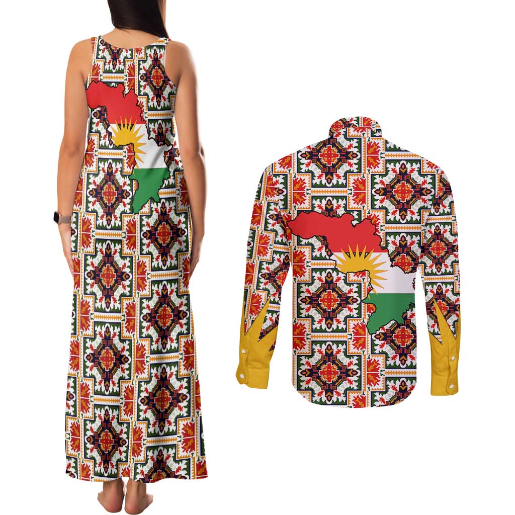 Iraq Kurdistan Region Couples Matching Tank Maxi Dress and Long Sleeve Button Shirt Traditional Pattern Yellow Red Green - Wonder Print Shop