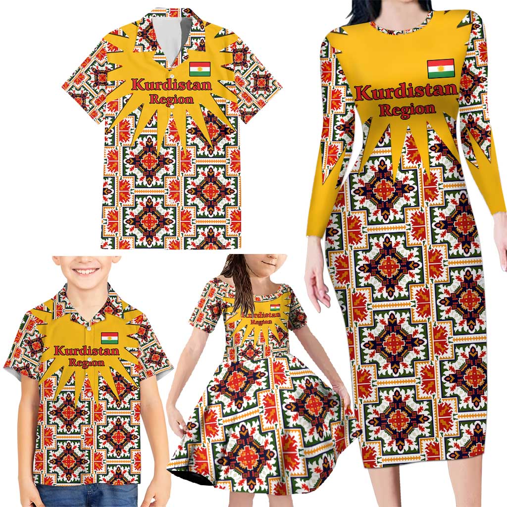 Iraq Kurdistan Region Family Matching Long Sleeve Bodycon Dress and Hawaiian Shirt Traditional Pattern Yellow Red Green - Wonder Print Shop