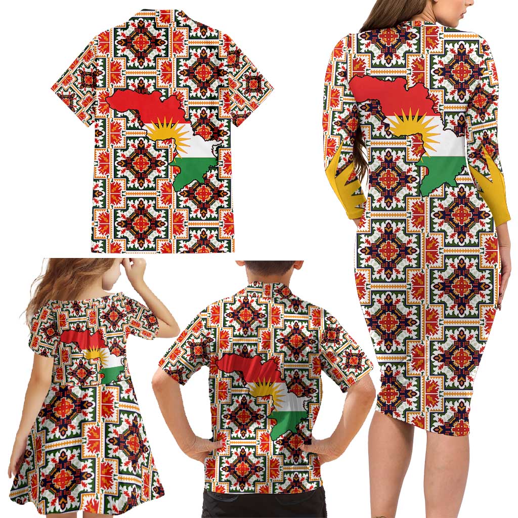 Iraq Kurdistan Region Family Matching Long Sleeve Bodycon Dress and Hawaiian Shirt Traditional Pattern Yellow Red Green - Wonder Print Shop