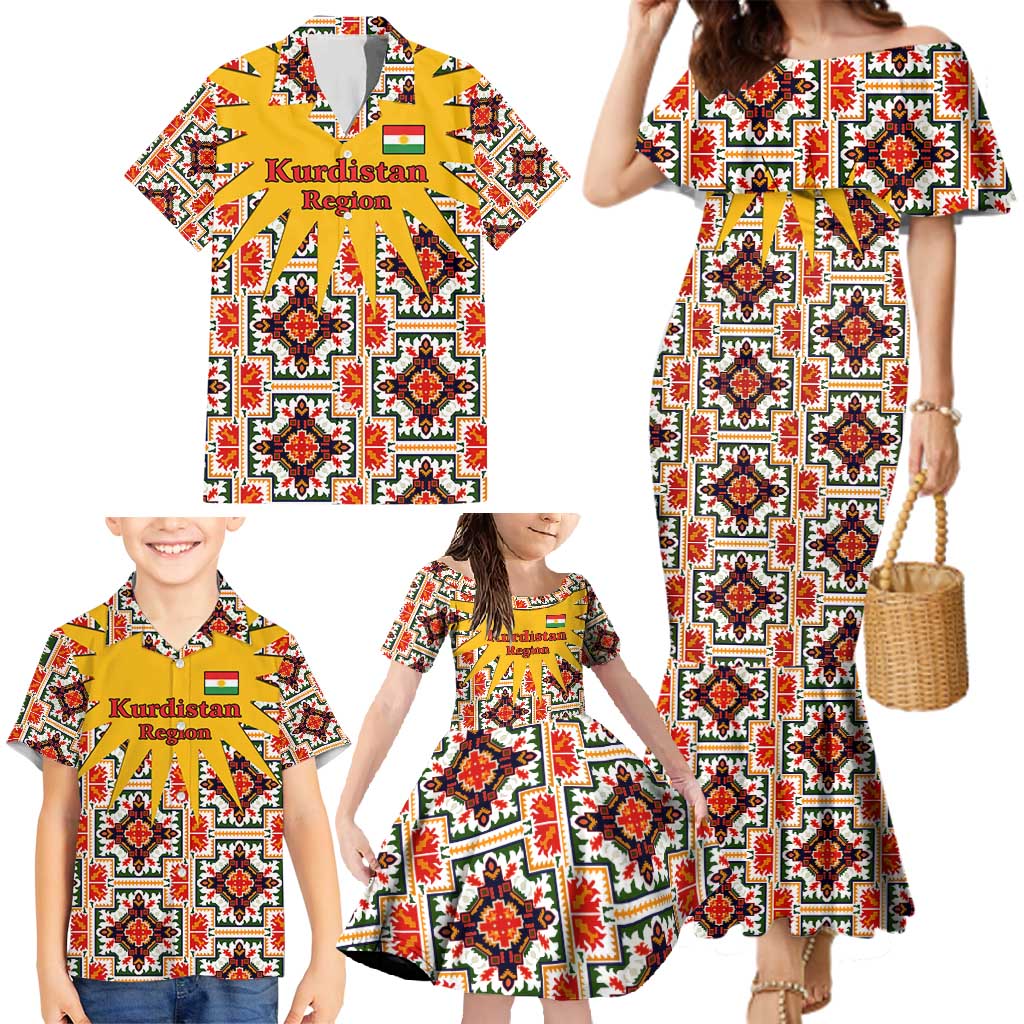 Iraq Kurdistan Region Family Matching Mermaid Dress and Hawaiian Shirt Traditional Pattern Yellow Red Green - Wonder Print Shop