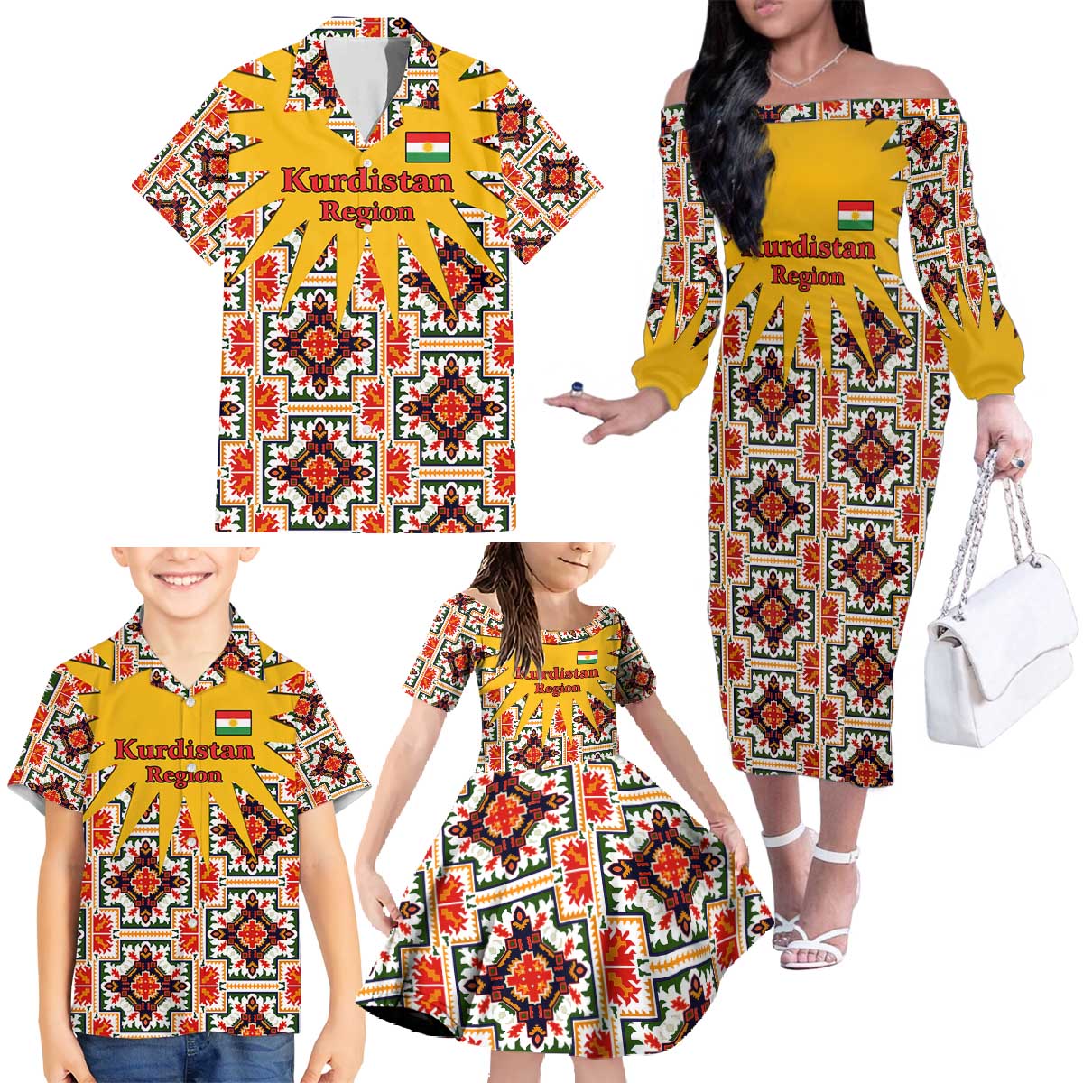 Iraq Kurdistan Region Family Matching Off The Shoulder Long Sleeve Dress and Hawaiian Shirt Traditional Pattern Yellow Red Green - Wonder Print Shop