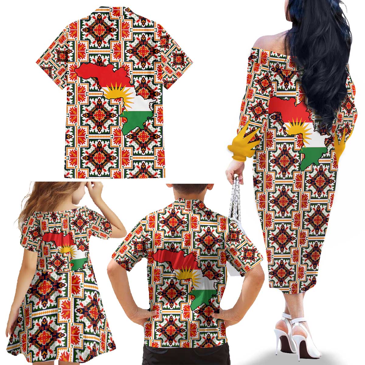 Iraq Kurdistan Region Family Matching Off The Shoulder Long Sleeve Dress and Hawaiian Shirt Traditional Pattern Yellow Red Green - Wonder Print Shop