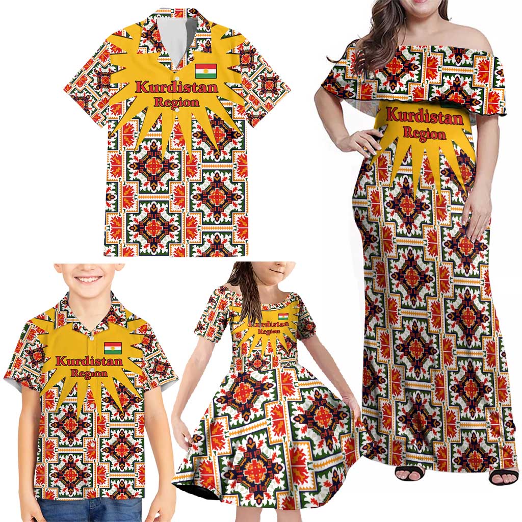 Iraq Kurdistan Region Family Matching Off Shoulder Maxi Dress and Hawaiian Shirt Traditional Pattern Yellow Red Green - Wonder Print Shop