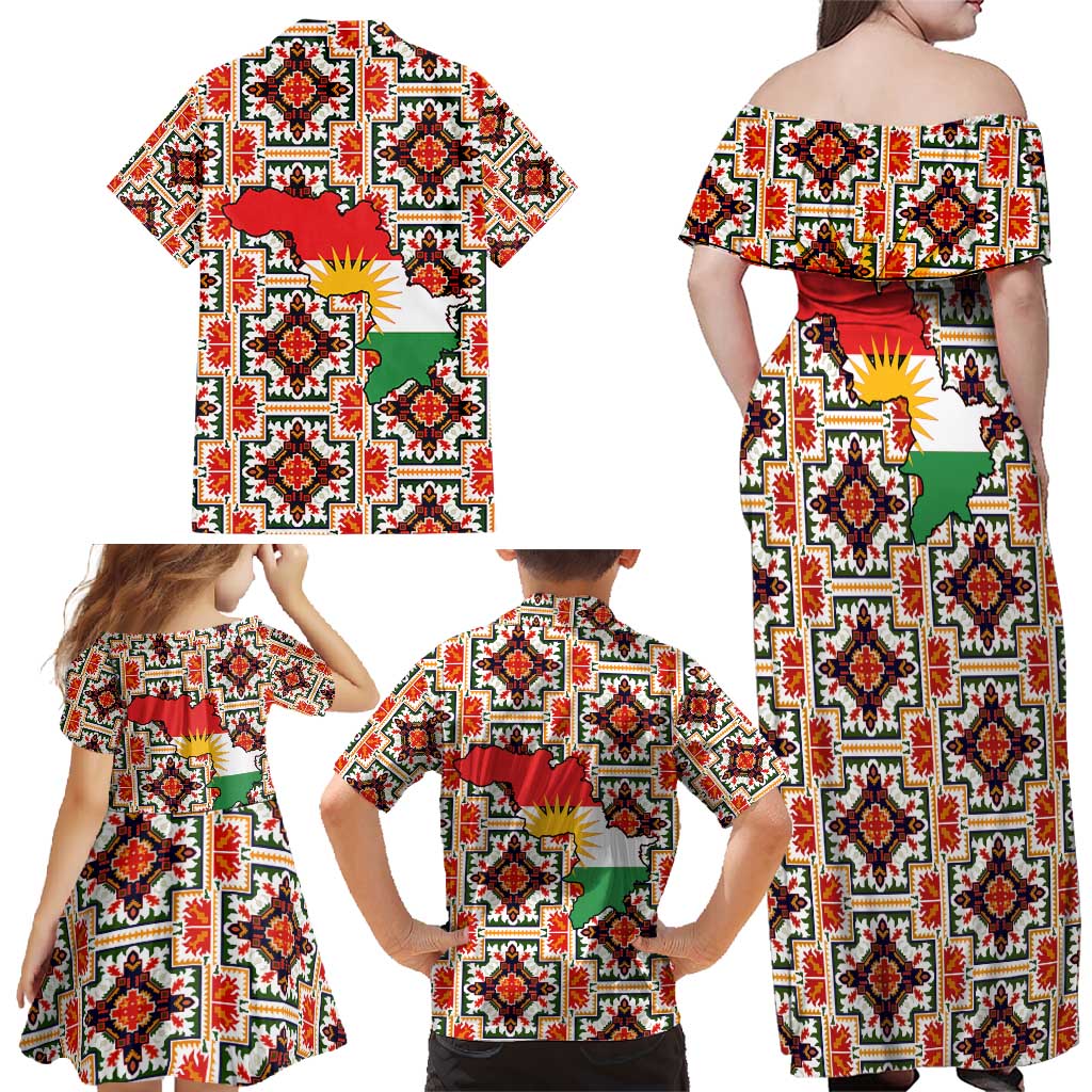 Iraq Kurdistan Region Family Matching Off Shoulder Maxi Dress and Hawaiian Shirt Traditional Pattern Yellow Red Green - Wonder Print Shop