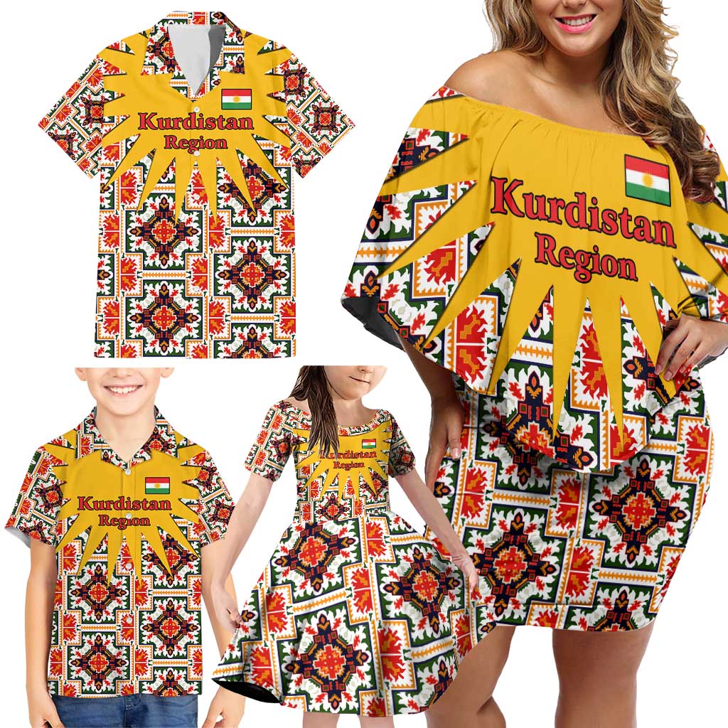 Iraq Kurdistan Region Family Matching Off Shoulder Short Dress and Hawaiian Shirt Traditional Pattern Yellow Red Green - Wonder Print Shop