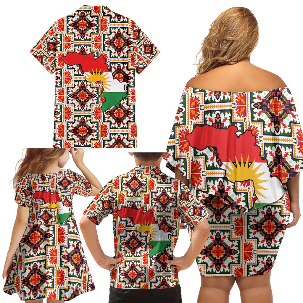 Iraq Kurdistan Region Family Matching Off Shoulder Short Dress and Hawaiian Shirt Traditional Pattern Yellow Red Green - Wonder Print Shop
