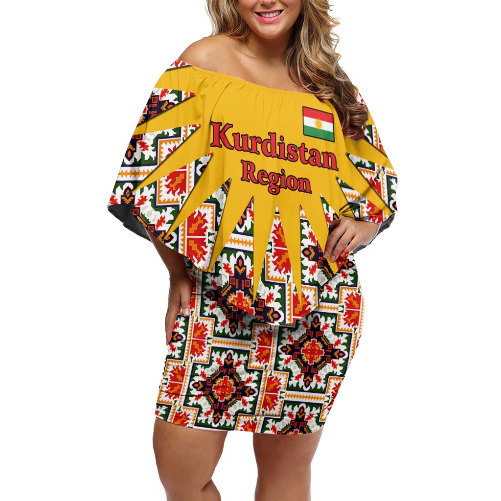 Iraq Kurdistan Region Family Matching Off Shoulder Short Dress and Hawaiian Shirt Traditional Pattern Yellow Red Green - Wonder Print Shop