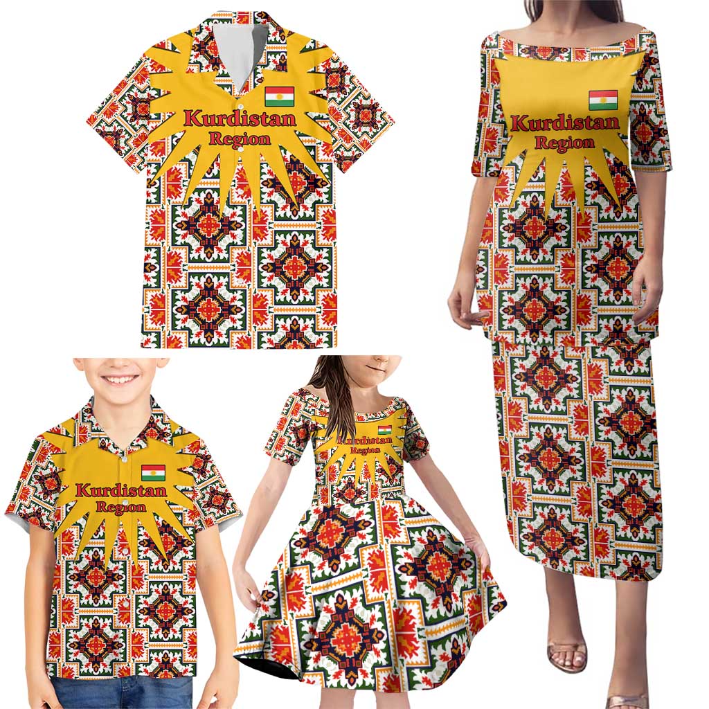 Iraq Kurdistan Region Family Matching Puletasi and Hawaiian Shirt Traditional Pattern Yellow Red Green - Wonder Print Shop