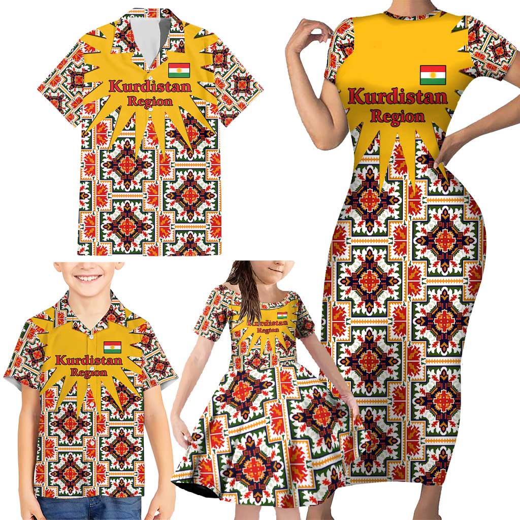 Iraq Kurdistan Region Family Matching Short Sleeve Bodycon Dress and Hawaiian Shirt Traditional Pattern Yellow Red Green - Wonder Print Shop