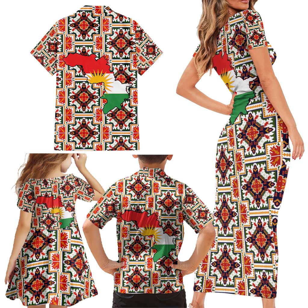 Iraq Kurdistan Region Family Matching Short Sleeve Bodycon Dress and Hawaiian Shirt Traditional Pattern Yellow Red Green - Wonder Print Shop