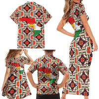 Iraq Kurdistan Region Family Matching Short Sleeve Bodycon Dress and Hawaiian Shirt Traditional Pattern Yellow Red Green - Wonder Print Shop