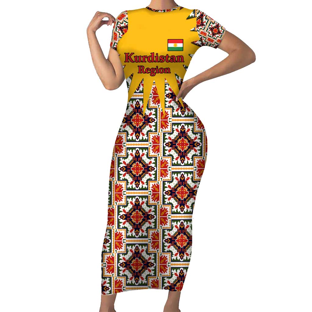Iraq Kurdistan Region Family Matching Short Sleeve Bodycon Dress and Hawaiian Shirt Traditional Pattern Yellow Red Green - Wonder Print Shop