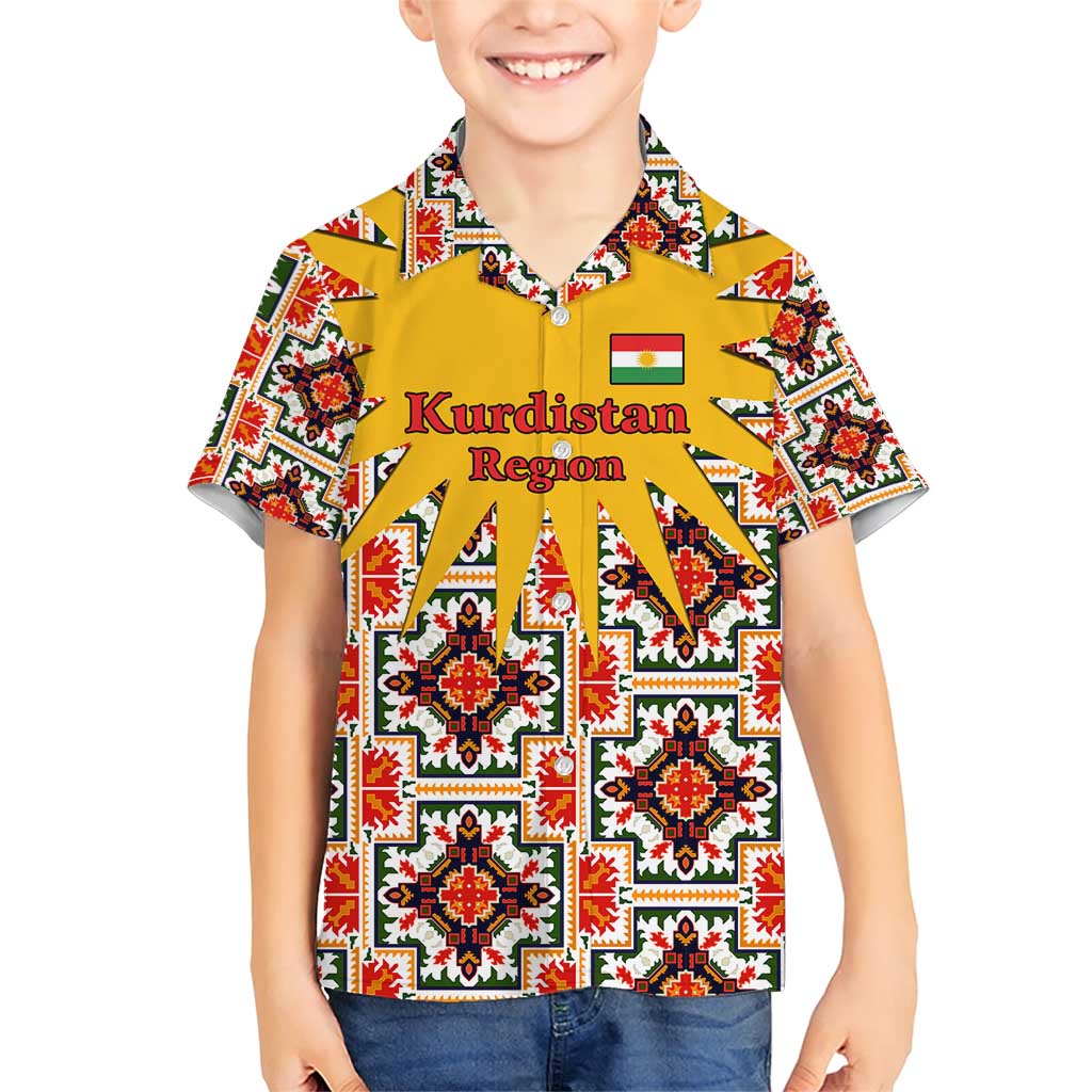 Iraq Kurdistan Region Family Matching Short Sleeve Bodycon Dress and Hawaiian Shirt Traditional Pattern Yellow Red Green - Wonder Print Shop