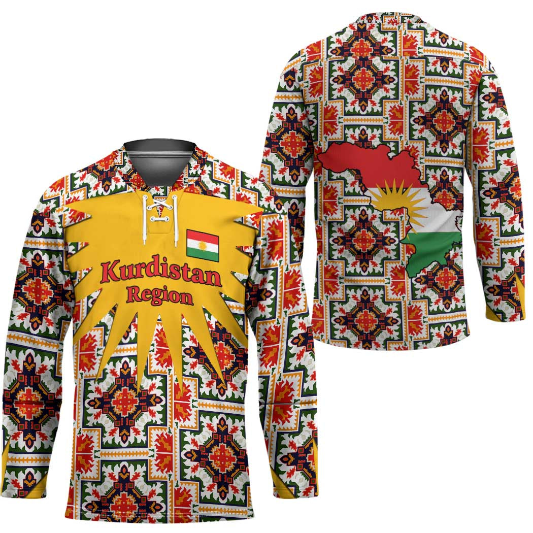 Iraq Kurdistan Region Hockey Jersey Traditional Pattern Yellow Red Green - Wonder Print Shop