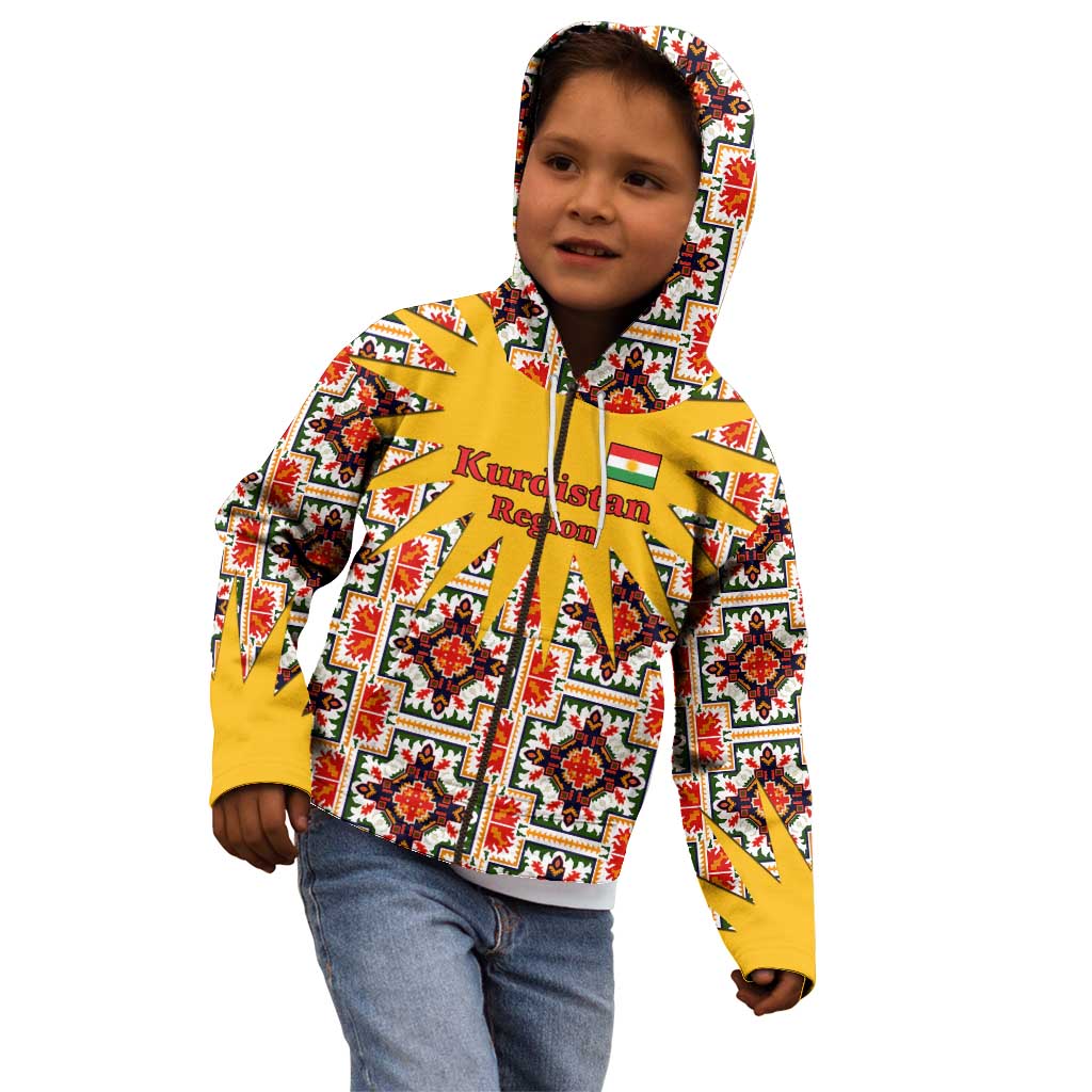 Iraq Kurdistan Region Kid Hoodie Traditional Pattern Yellow Red Green - Wonder Print Shop